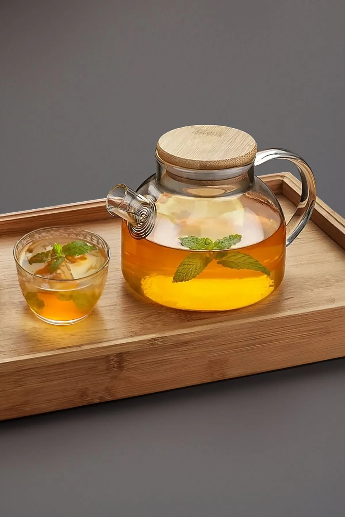1000 ML Bambu Kapaklı Isıya Dayanıklı Borosilikat Bitki Çayı Demliği 1 LT