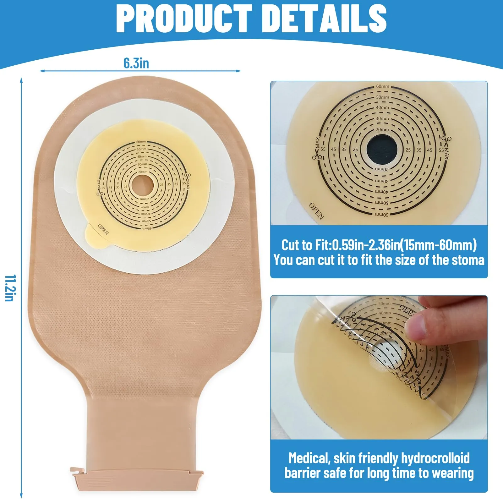 22 PCS Colostomy Bags, One Piece Drainable Ostomy Pouch for Adult with Closure Ostomy Bag with 4 Tail Closure Clips Ostomy Supplies for Stome Care Colostomy Supplies Ileostomy Supplies