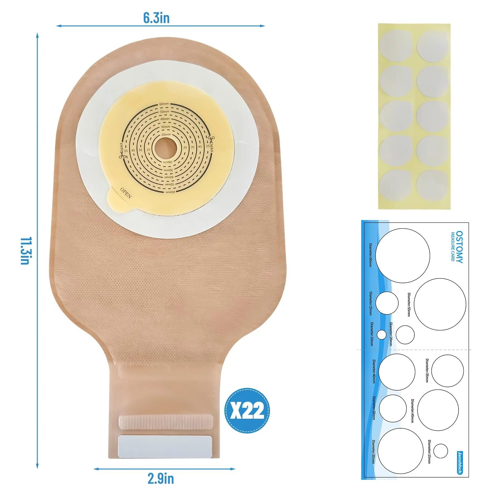 22 PCS Colostomy Bags, One Piece Drainable Ostomy Pouch for Adult with Closure Ostomy Bag with 4 Tail Closure Clips Ostomy Supplies for Stome Care Colostomy Supplies Ileostomy Supplies