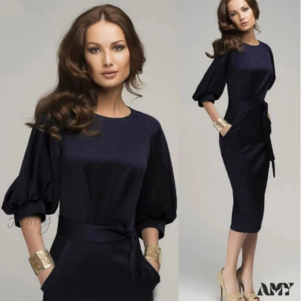 Amy Fashion - Office Lady Mid-Calf Pencil Dress With Sashes Lantern Sleeve