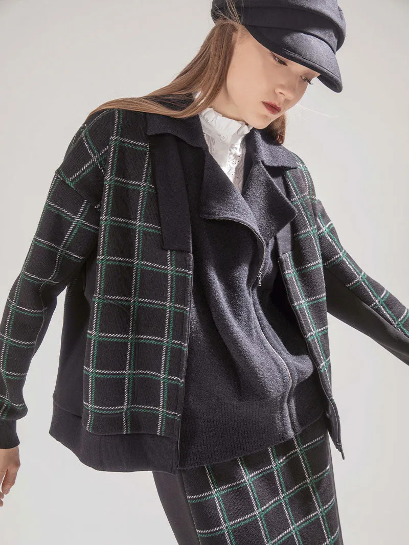 Brushed Check V Neck Zip Up Cardigan