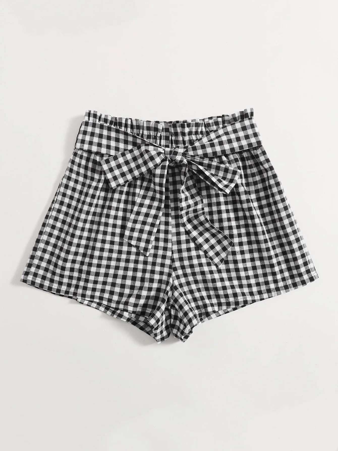 Casual Gingham Paper Bag Waist High Waist Women Shorts