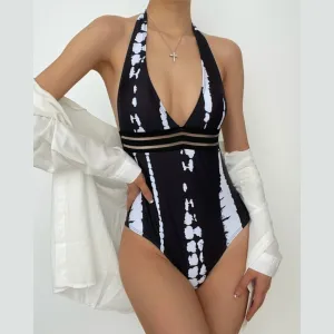 Contrast v neck one piece swimwear