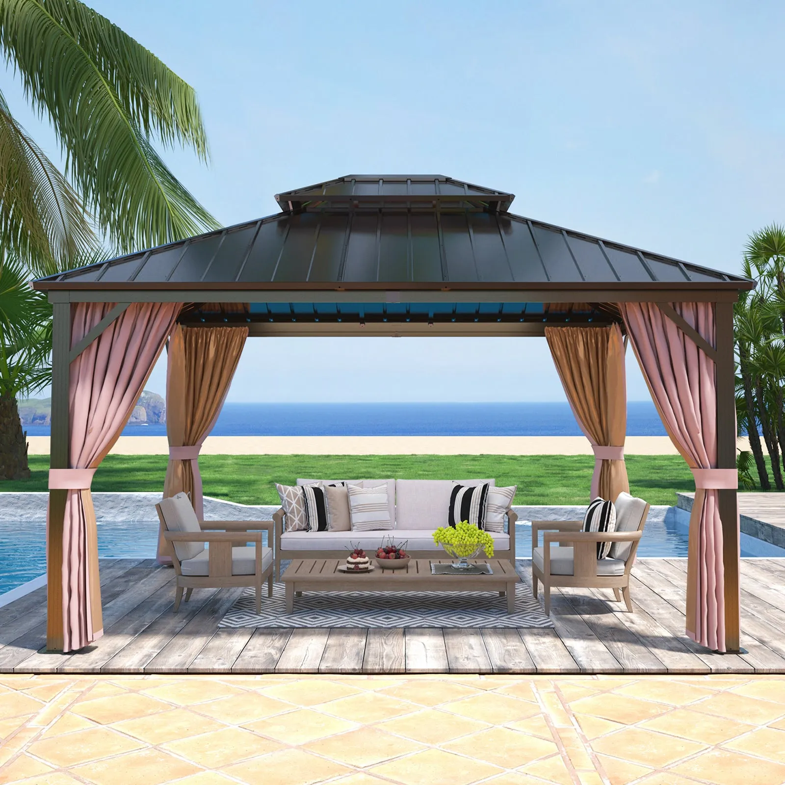 COOS BAY Double Galvanized Steel Roof and Aluminum Frame Gazebo with Curtains and Netting