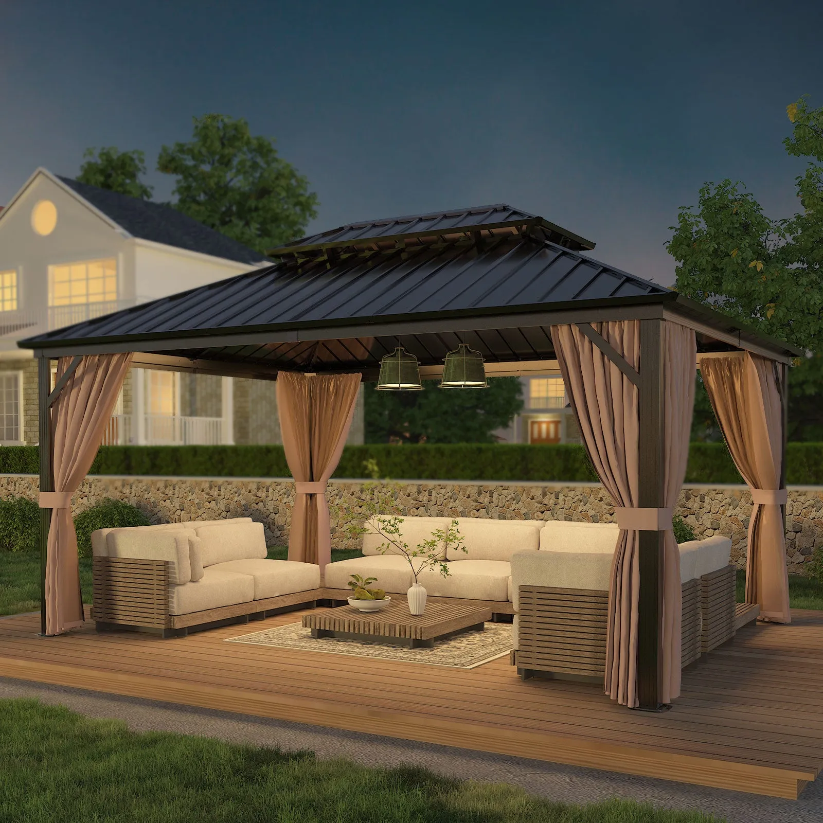 COOS BAY Double Galvanized Steel Roof and Aluminum Frame Gazebo with Curtains and Netting