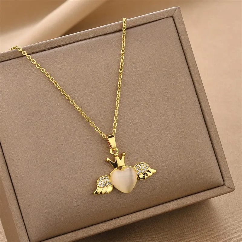Elegant Crown Heart Wings Necklace