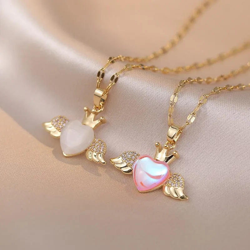 Elegant Crown Heart Wings Necklace