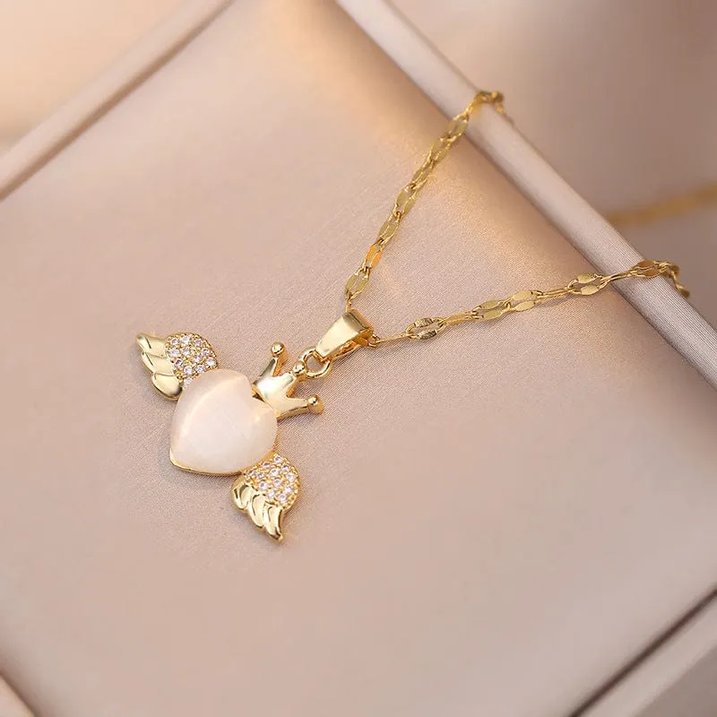 Elegant Crown Heart Wings Necklace