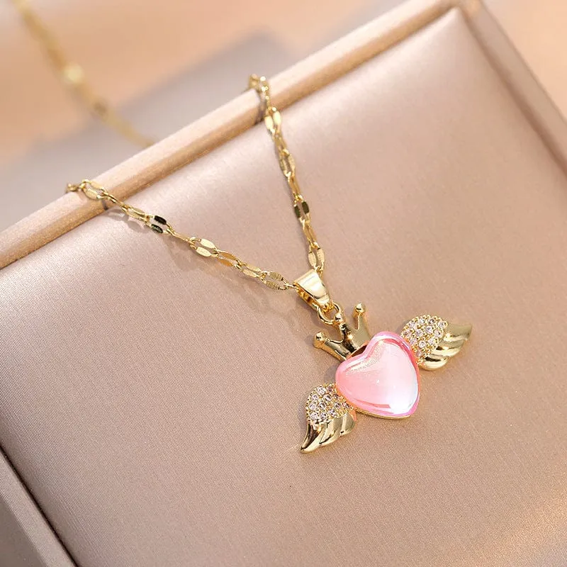 Elegant Crown Heart Wings Necklace