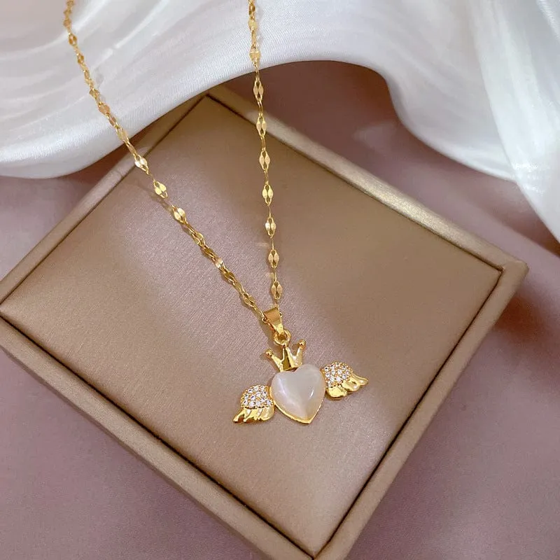 Elegant Crown Heart Wings Necklace