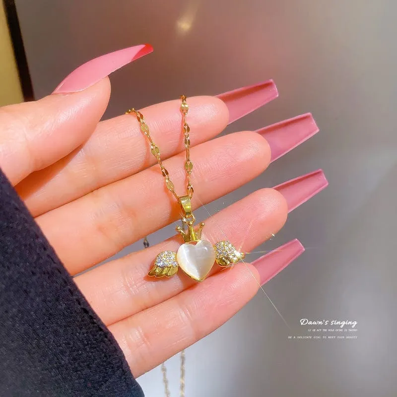 Elegant Crown Heart Wings Necklace