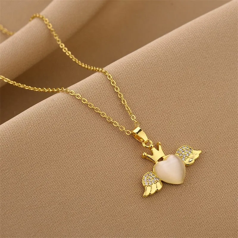 Elegant Crown Heart Wings Necklace