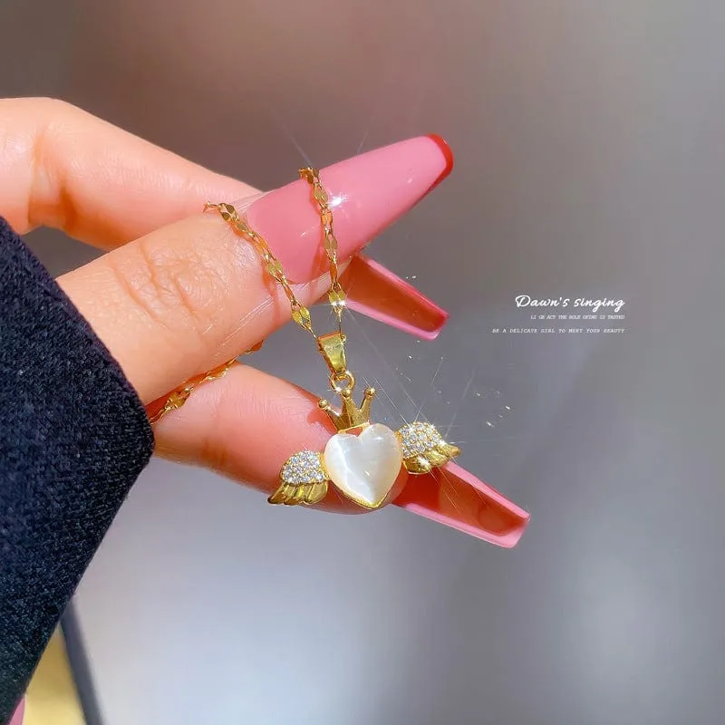 Elegant Crown Heart Wings Necklace