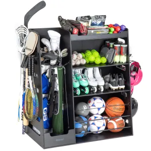 GoSports Premium Wooden Sports Equipment Organizer with Storage Hooks - Golf Bag Rack and Multi-Sport Ball Bin for Garage