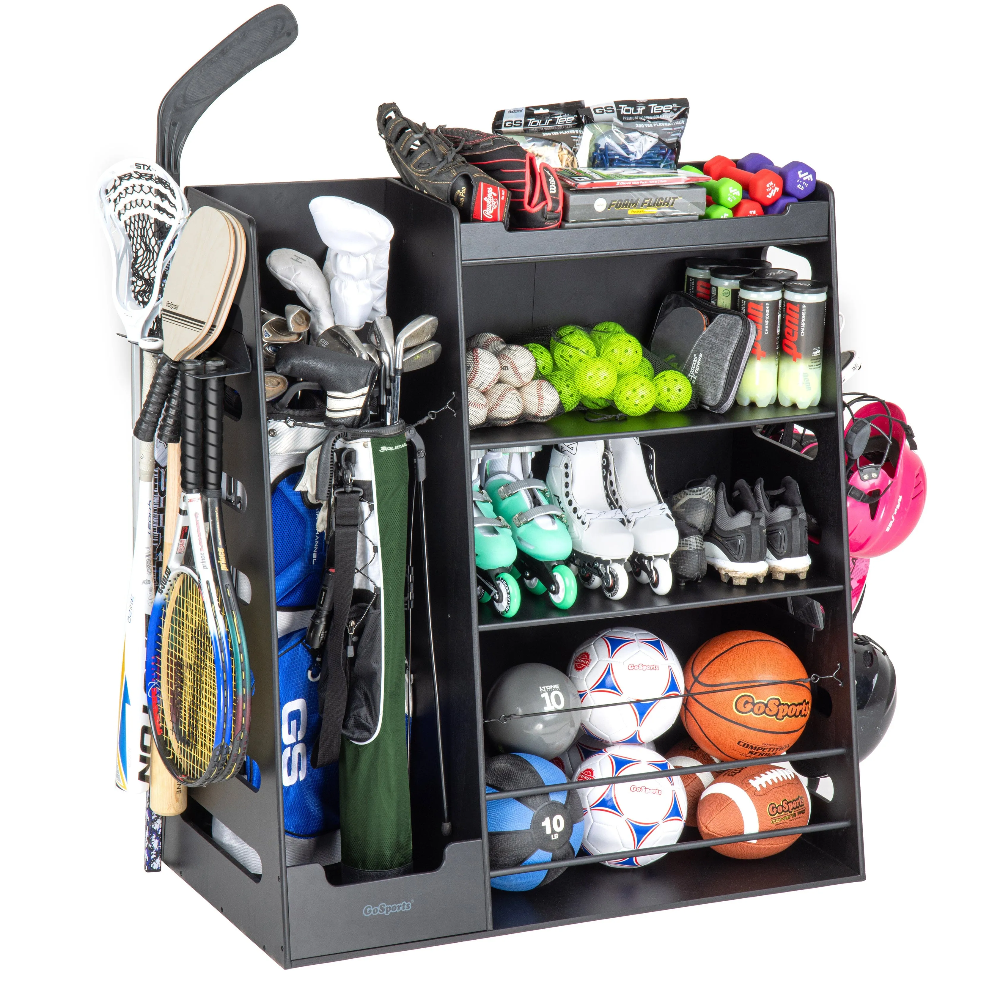 GoSports Premium Wooden Sports Equipment Organizer with Storage Hooks - Golf Bag Rack and Multi-Sport Ball Bin for Garage