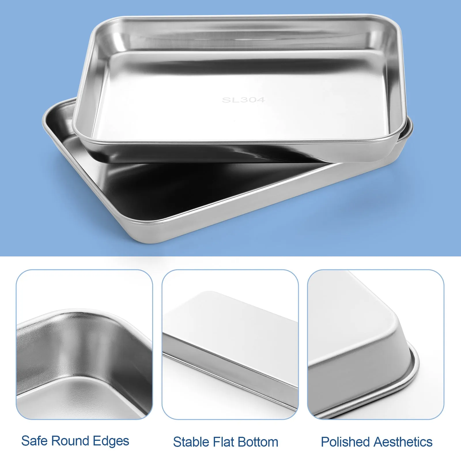 JMU Dental Flat Tray SL 304 Stainless Steel 9.1"x6.7"x1.1" 3PCS/Bag