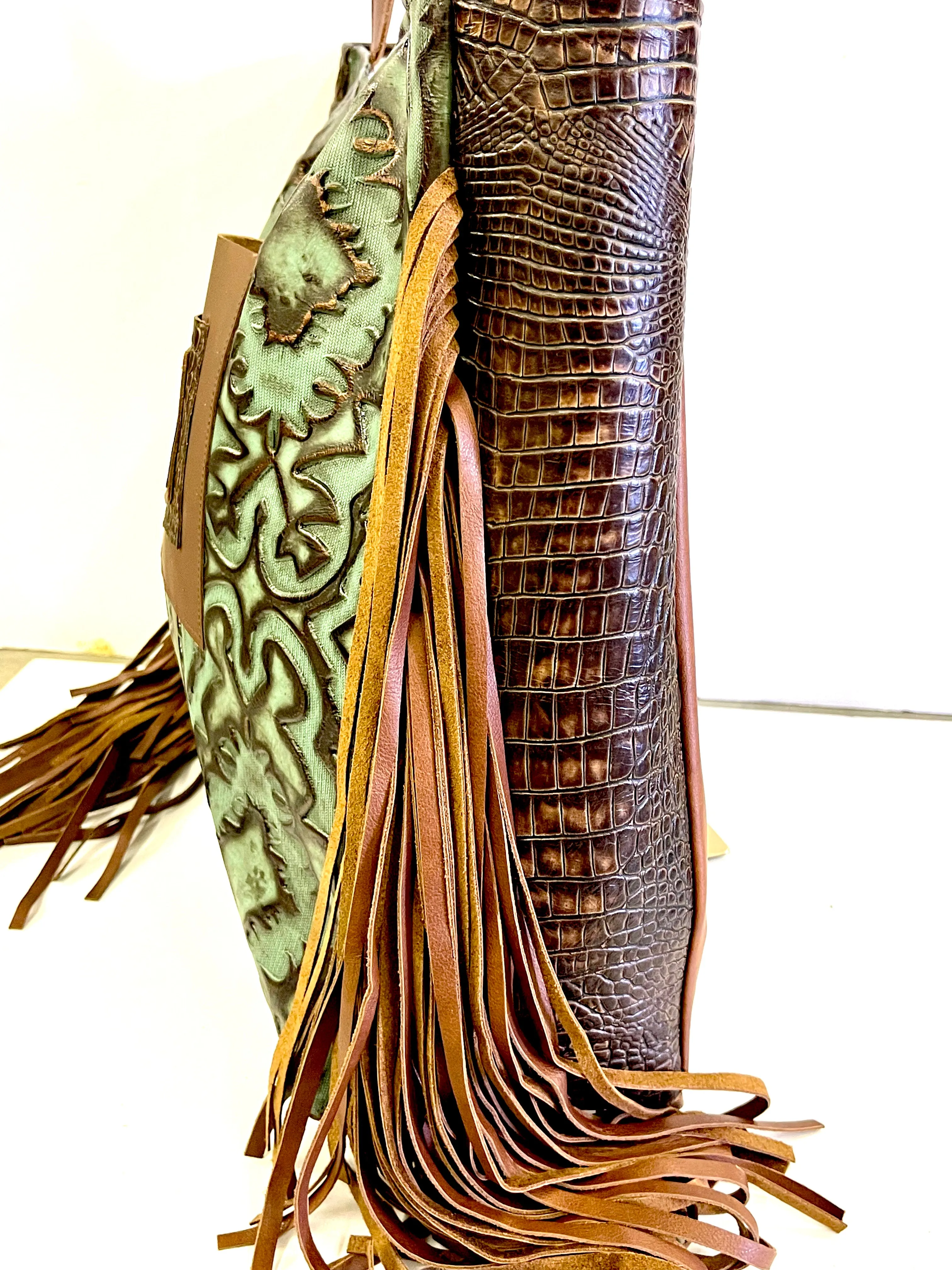 Leather Tote in Iridescent Turquoise with Brown Embossed Crocodile side