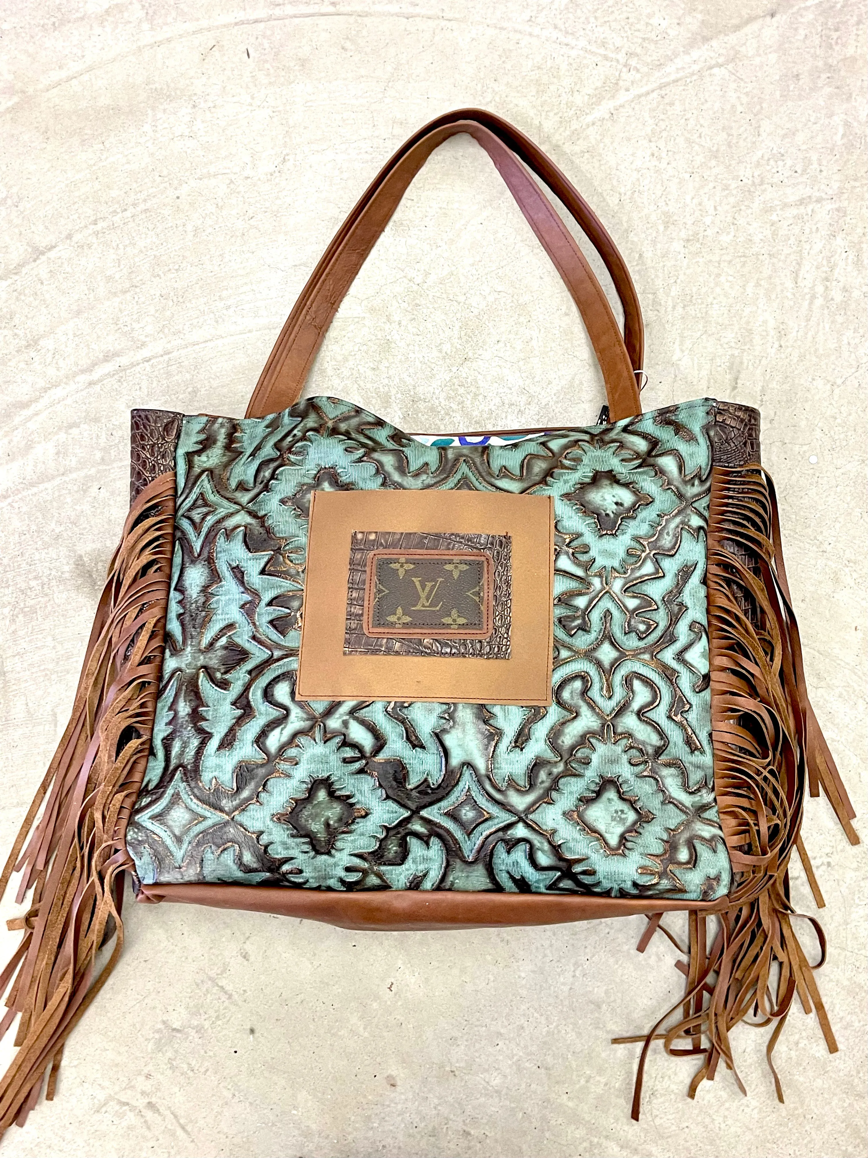 Leather Tote in Iridescent Turquoise with Brown Embossed Crocodile side
