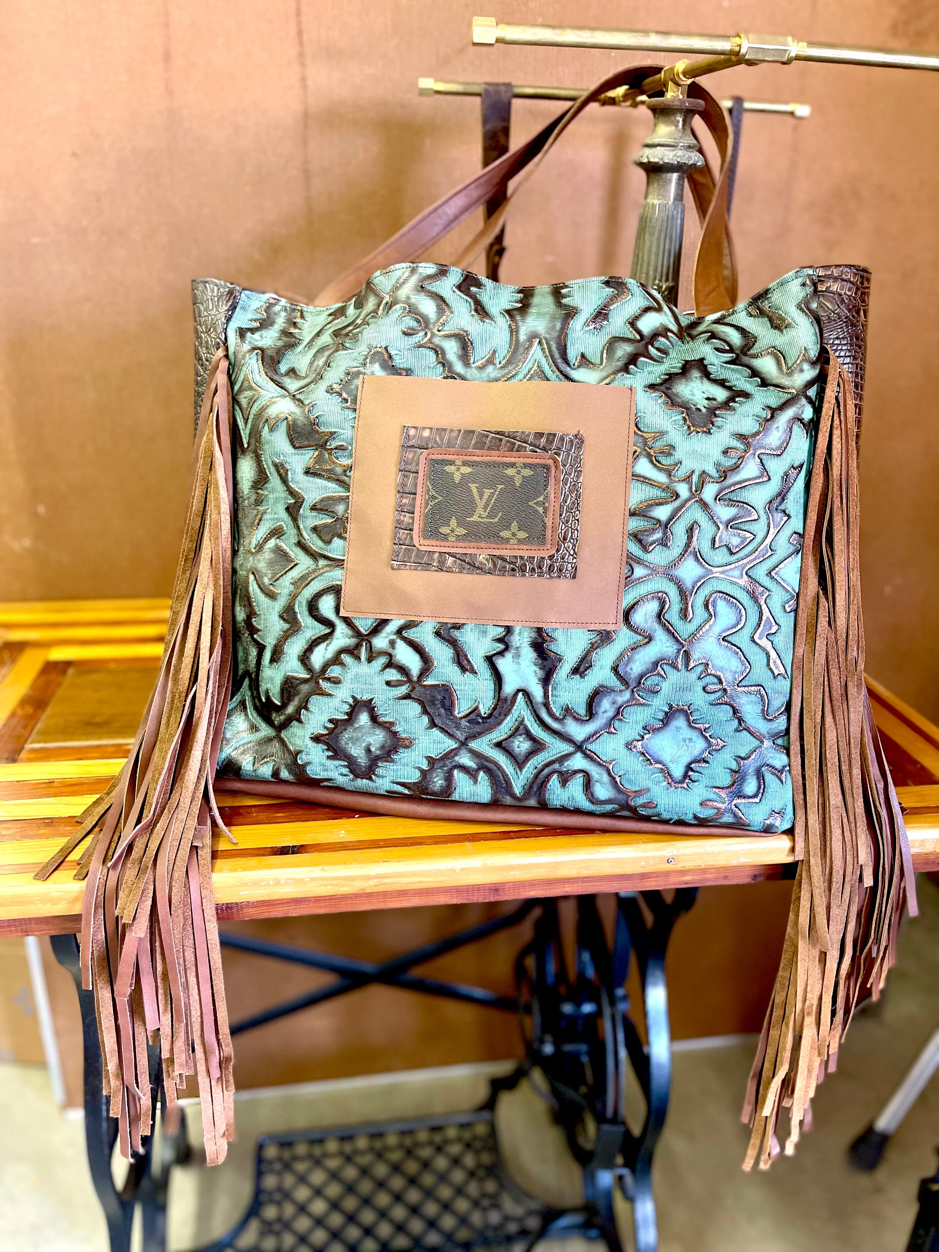 Leather Tote in Iridescent Turquoise with Brown Embossed Crocodile side