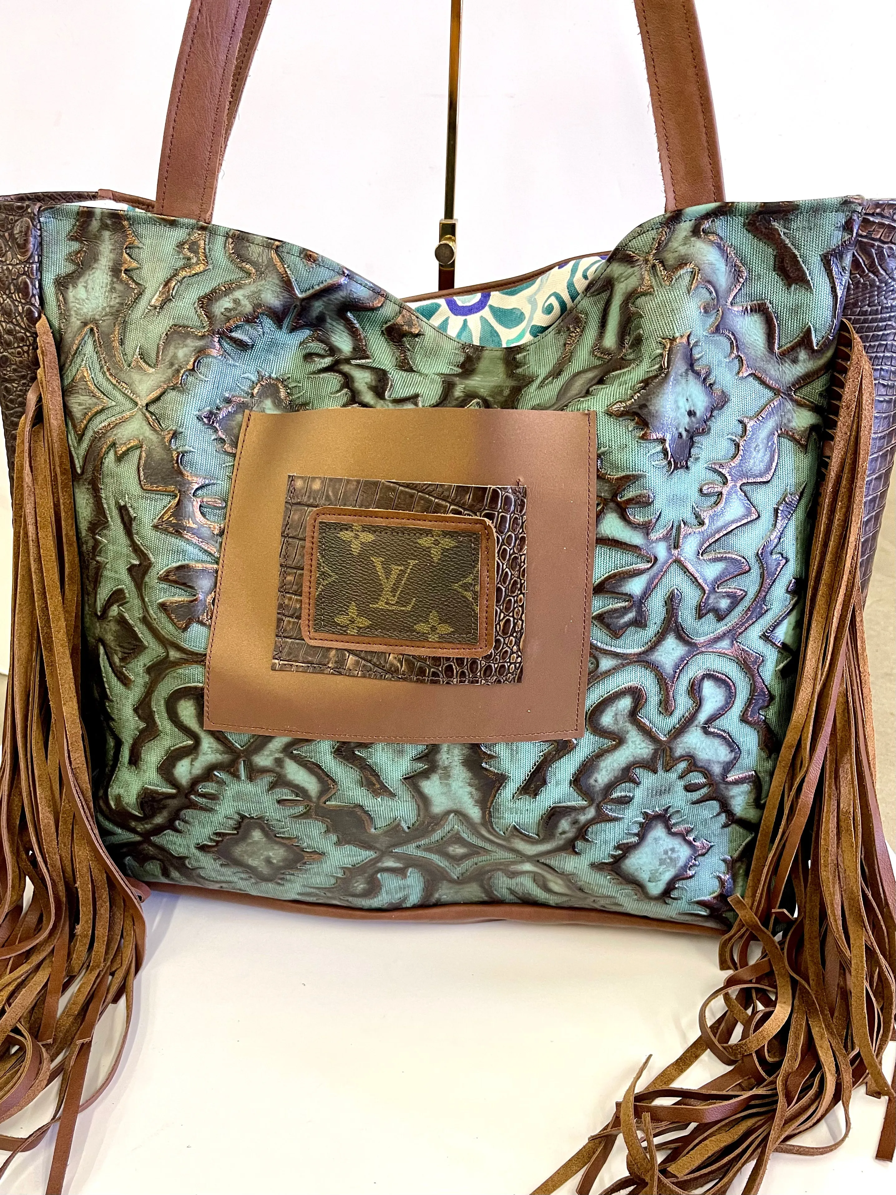 Leather Tote in Iridescent Turquoise with Brown Embossed Crocodile side