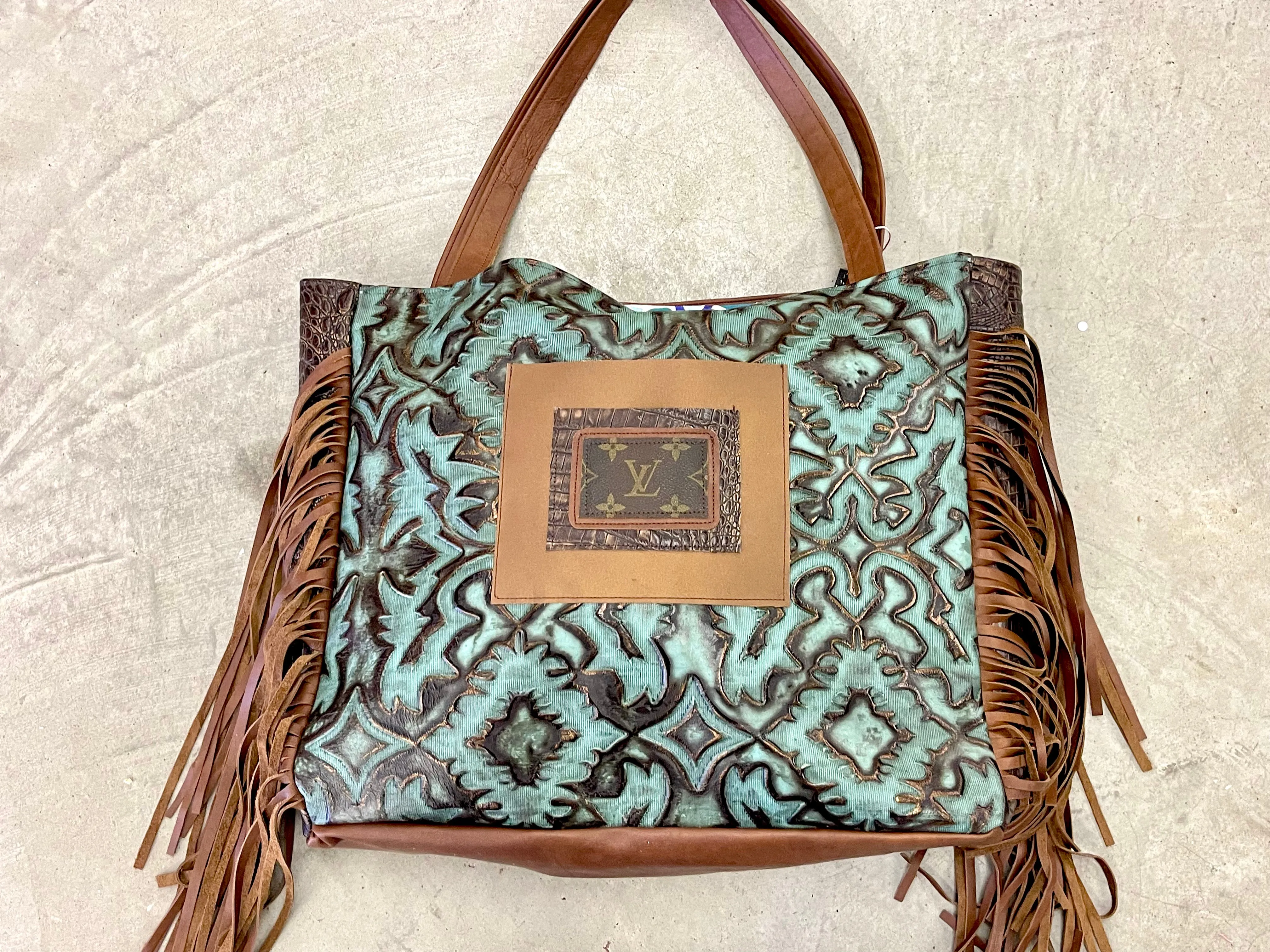 Leather Tote in Iridescent Turquoise with Brown Embossed Crocodile side