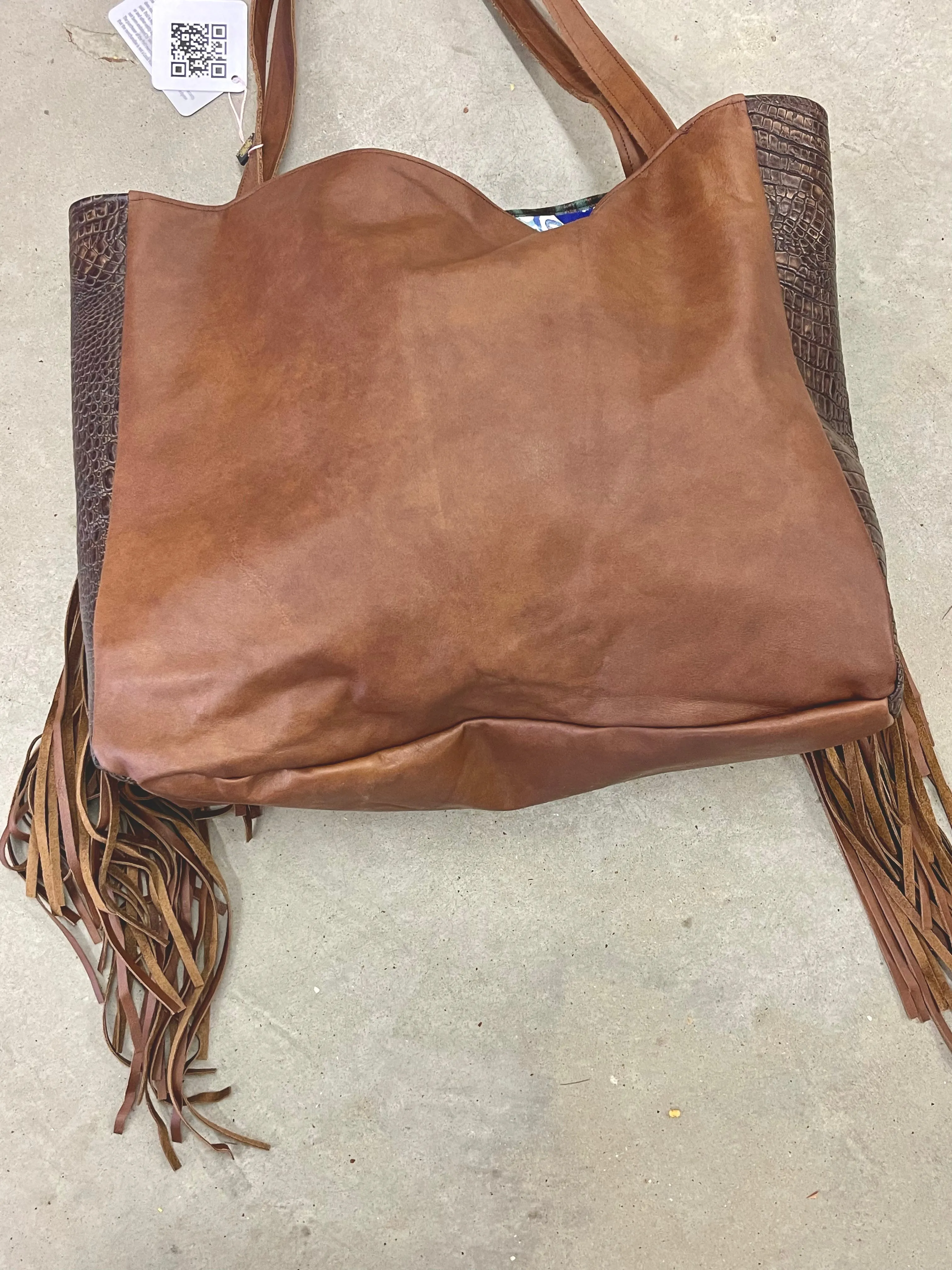 Leather Tote in Iridescent Turquoise with Brown Embossed Crocodile side