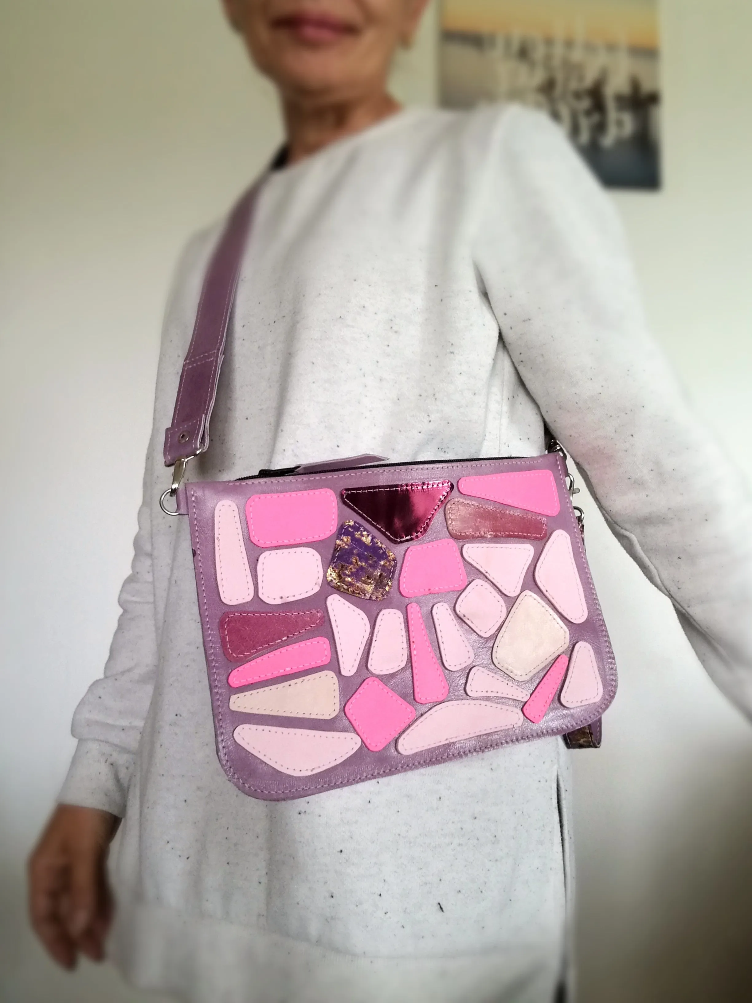 Purple Italian Leather Clutch Bag Convertible Leather Bag