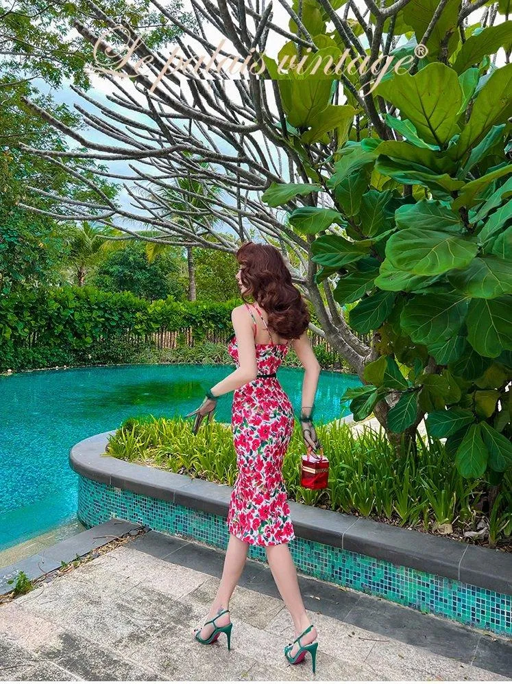 Retro elegant red floral spaghetti strap dress- Eden