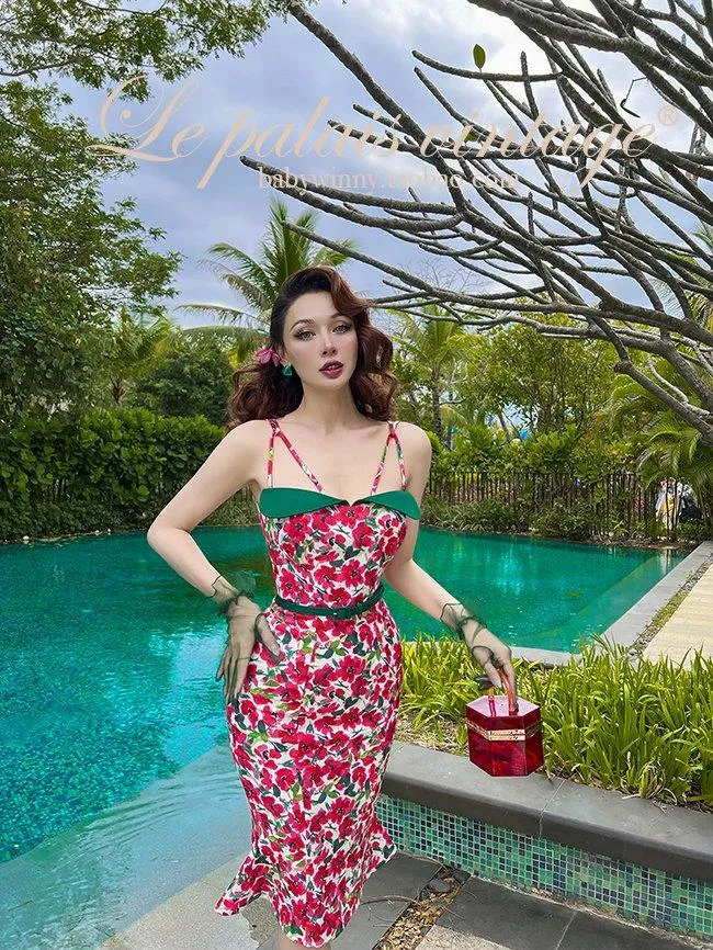 Retro elegant red floral spaghetti strap dress- Eden