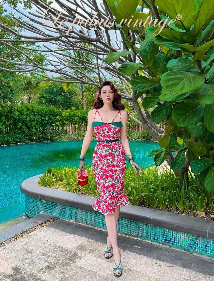Retro elegant red floral spaghetti strap dress- Eden
