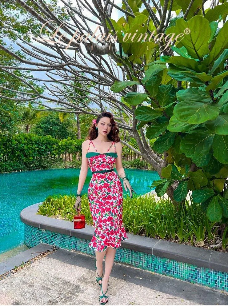 Retro elegant red floral spaghetti strap dress- Eden