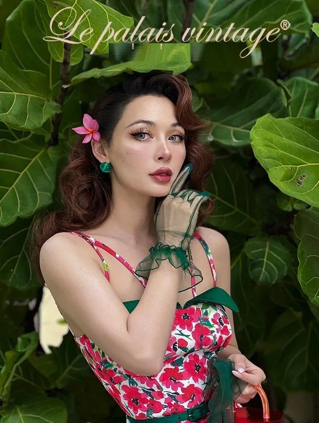 Retro elegant red floral spaghetti strap dress- Eden