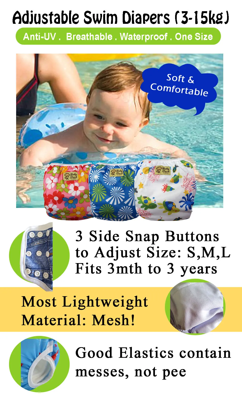 Size Adjustable Swim Diaper -Elephants