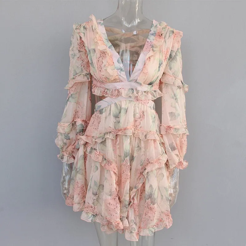 VenusFox Sexy Summer Print Chiffon V Neck  Lantern Sleeve High Waist Mini Dresses