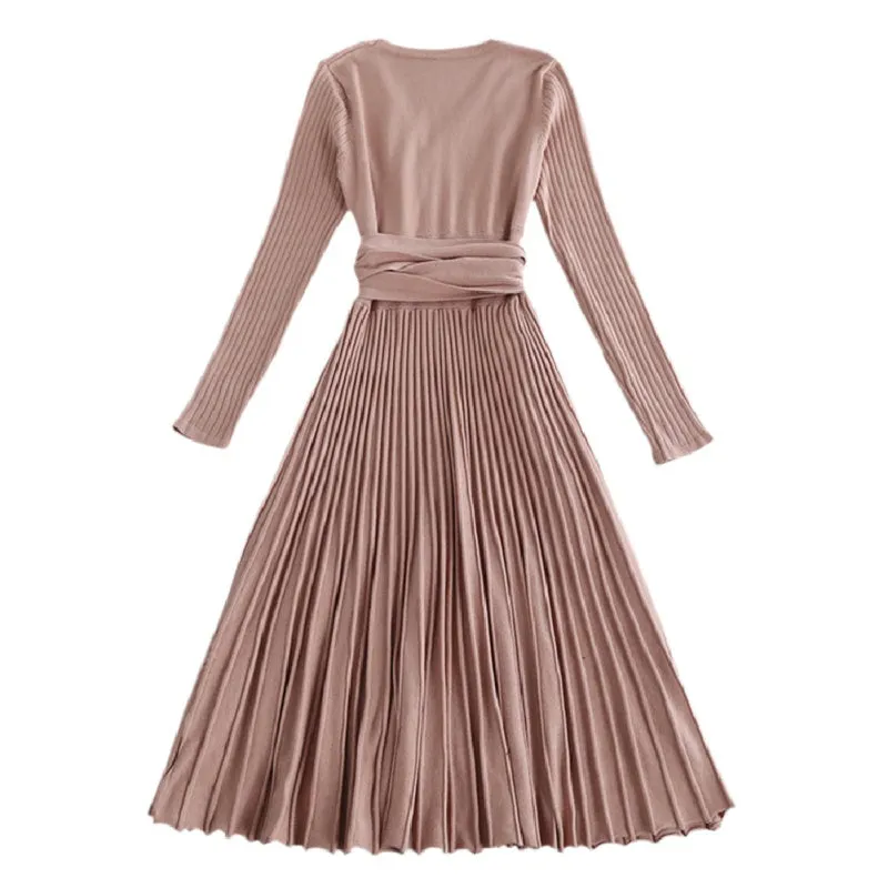 VenusFox V-neck Cross Lace Up belt Vintage Midi Dress
