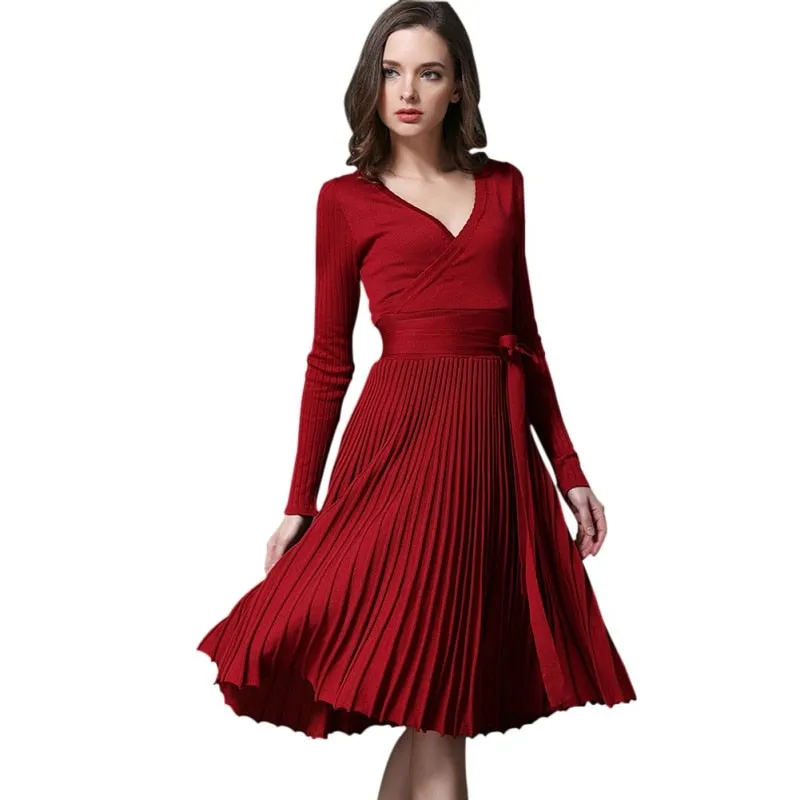 VenusFox V-neck Cross Lace Up belt Vintage Midi Dress