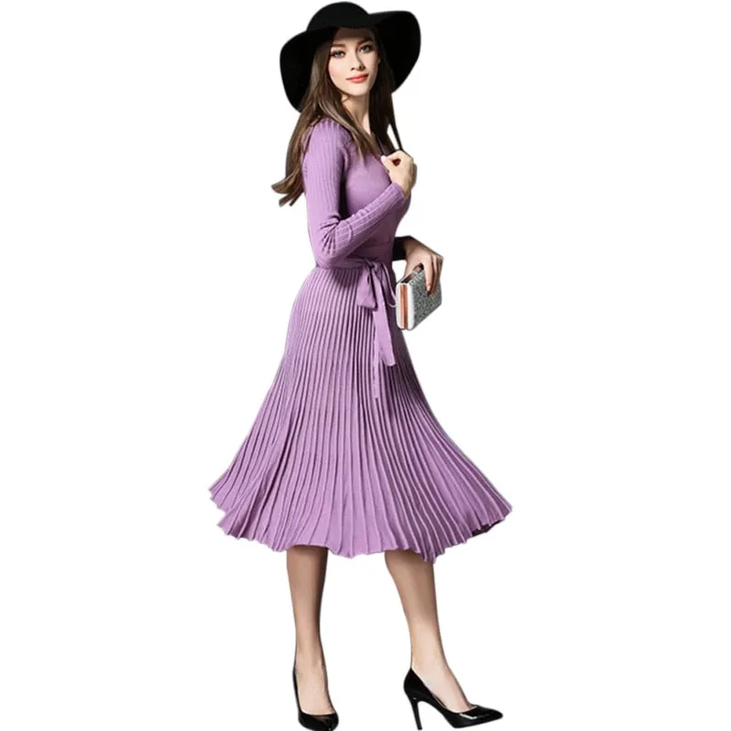 VenusFox V-neck Cross Lace Up belt Vintage Midi Dress