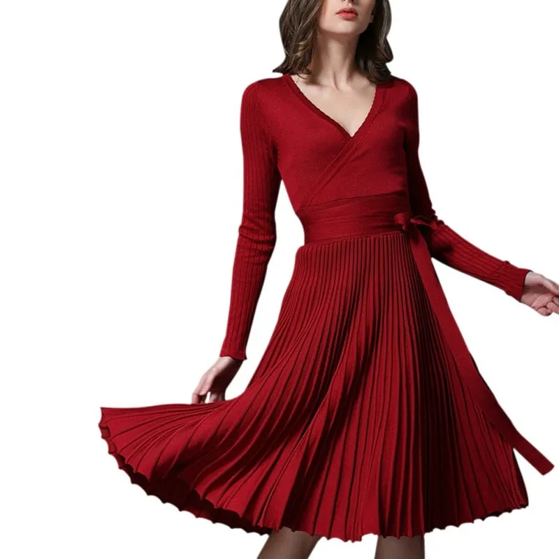 VenusFox V-neck Cross Lace Up belt Vintage Midi Dress