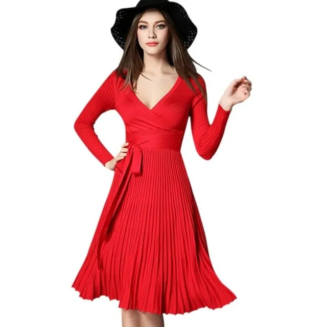 VenusFox V-neck Cross Lace Up belt Vintage Midi Dress