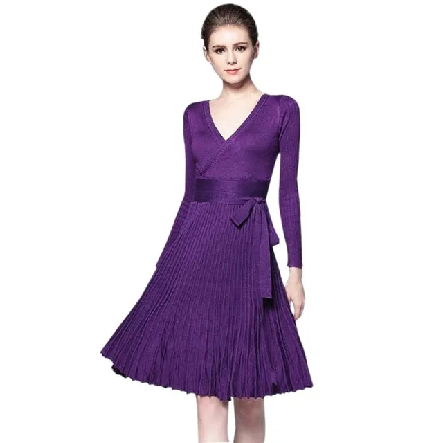 VenusFox V-neck Cross Lace Up belt Vintage Midi Dress