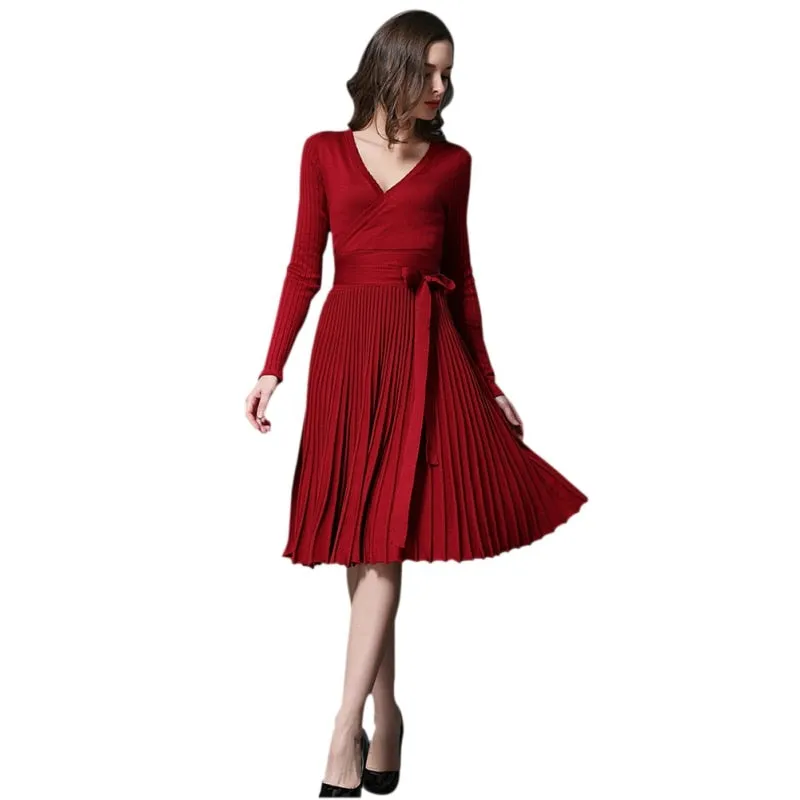 VenusFox V-neck Cross Lace Up belt Vintage Midi Dress