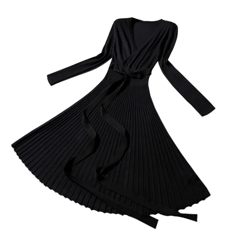 VenusFox V-neck Cross Lace Up belt Vintage Midi Dress