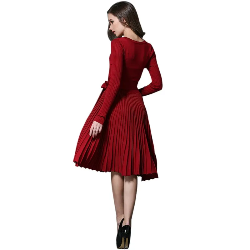 VenusFox V-neck Cross Lace Up belt Vintage Midi Dress