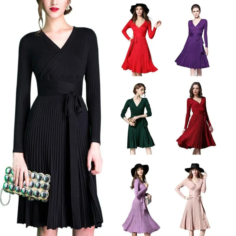 VenusFox V-neck Cross Lace Up belt Vintage Midi Dress