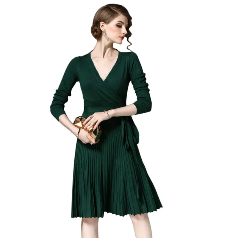 VenusFox V-neck Cross Lace Up belt Vintage Midi Dress