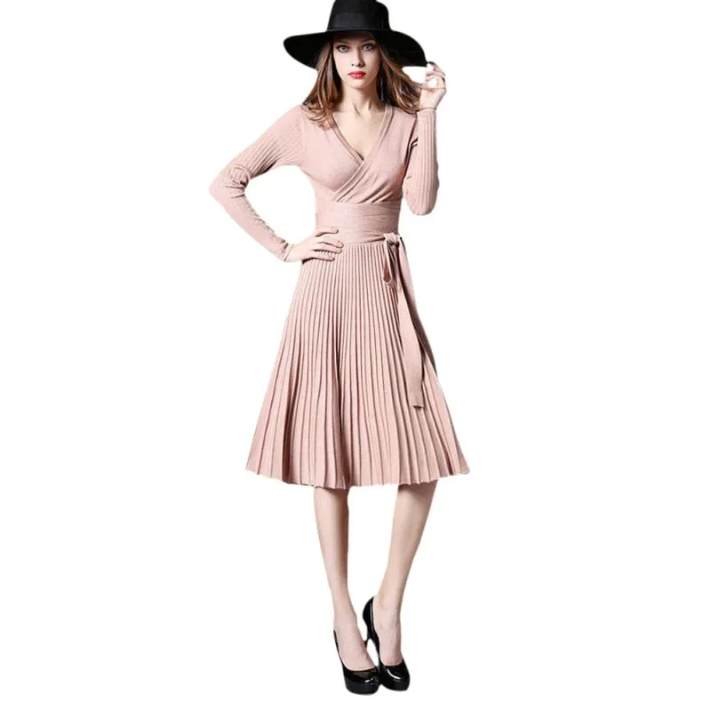 VenusFox V-neck Cross Lace Up belt Vintage Midi Dress