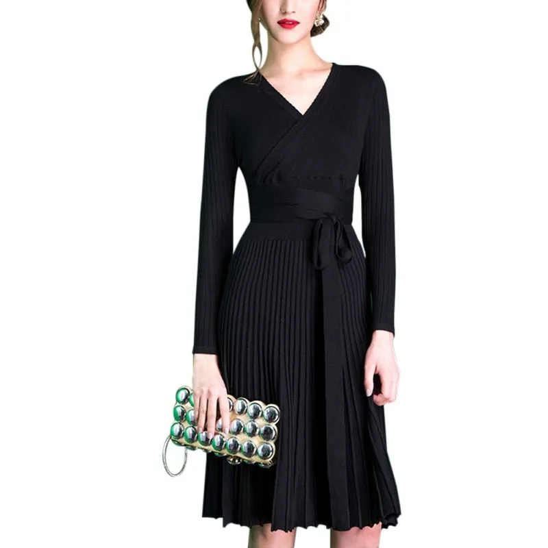 VenusFox V-neck Cross Lace Up belt Vintage Midi Dress