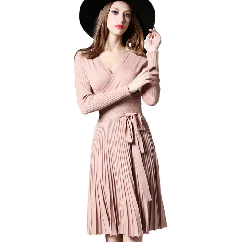 VenusFox V-neck Cross Lace Up belt Vintage Midi Dress