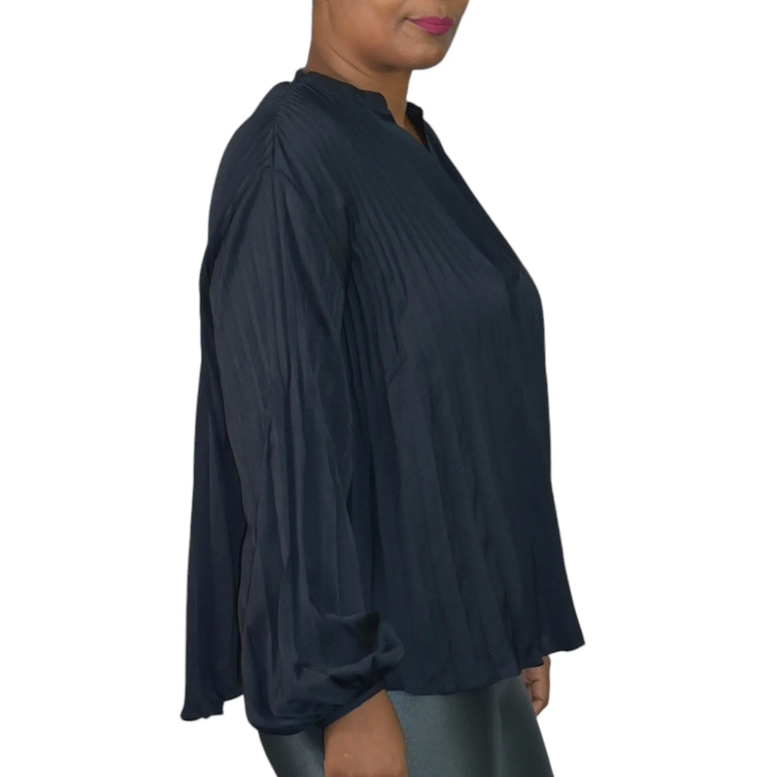 Vince Pleated Blouse Blue Navy Chevron Dressy Swing Button Front Long Sleeves Oversized Top Size XS