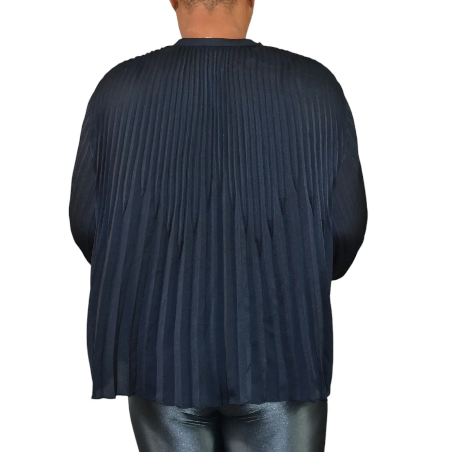 Vince Pleated Blouse Blue Navy Chevron Dressy Swing Button Front Long Sleeves Oversized Top Size XS